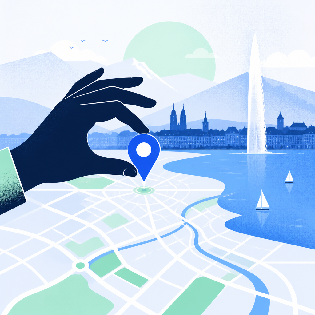 Abstract illustration of a hand and location pin over a Geneva map