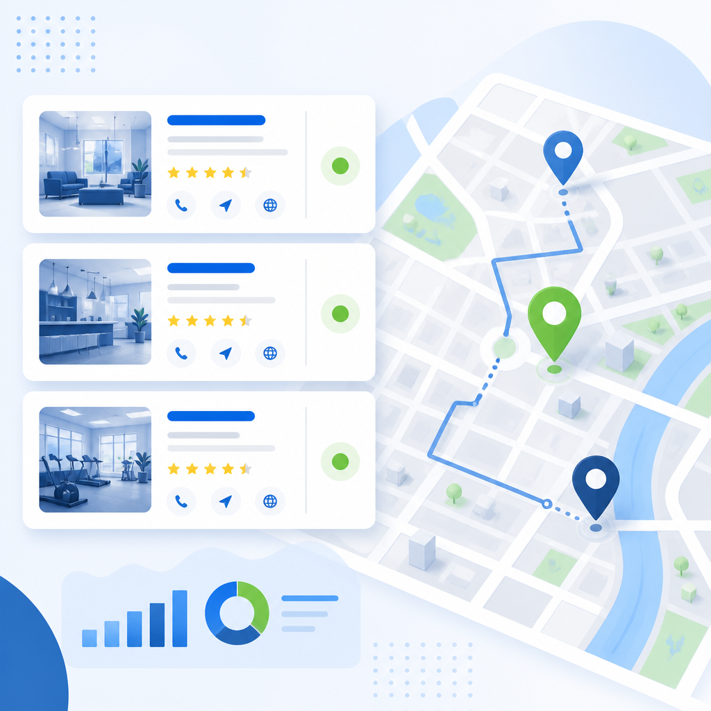 Illustration of three local business results over a city map with location pins